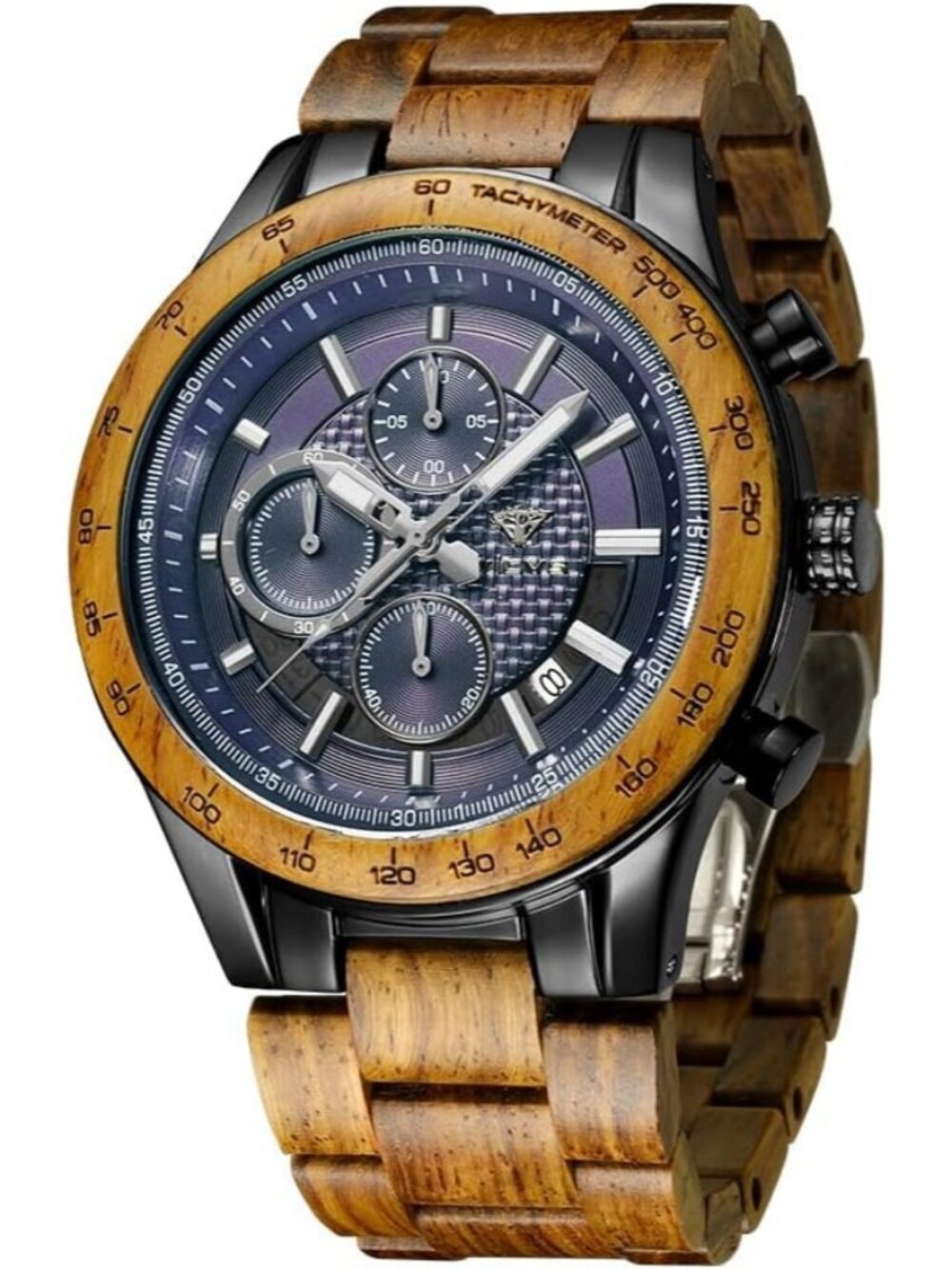 Men's Brown Black Stainless Steel Chronograph Solid Multifunctional Wooden Watch